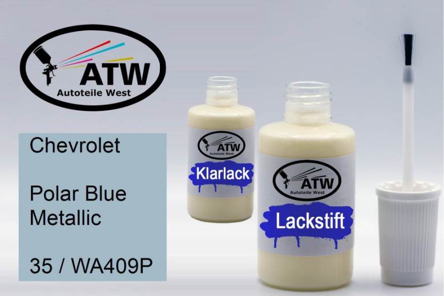 Chevrolet, Polar Blue Metallic, 35 / WA409P: 20ml Lackstift + 20ml Klarlack - Set, von ATW Autoteile West.
